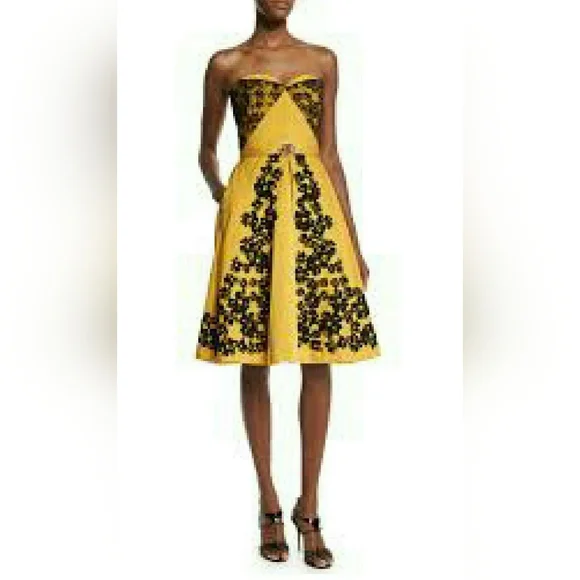 °$7000 NEW OSCAR DE LA RENTA BEAUTIFUL RUNWAY BLK YELLOW SILK BEAD DRESS US 10